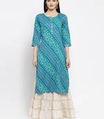 Turquoise printed rayon long-kurtis