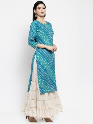 Turquoise printed rayon long-kurtis 2
