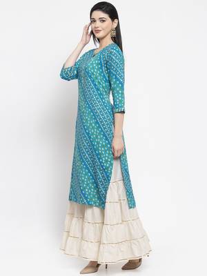 Turquoise printed rayon long-kurtis 3