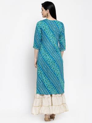 Turquoise printed rayon long-kurtis 4