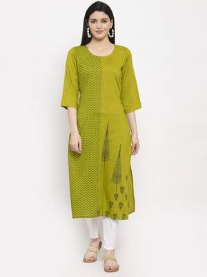 Green printed rayon long-kurtis 1