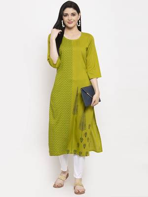 Green printed rayon long-kurtis 2