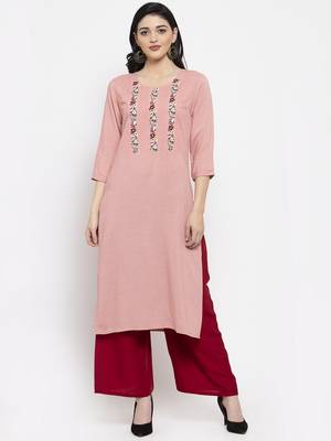 Peach embroidered rayon long-kurtis 1