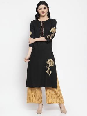 Black embroidered rayon long-kurtis 1