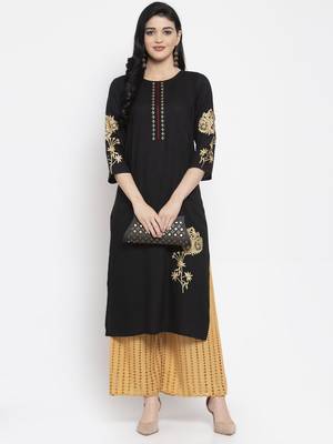 Black embroidered rayon long-kurtis 2