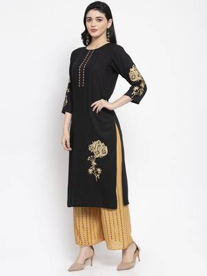 Black embroidered rayon long-kurtis 3