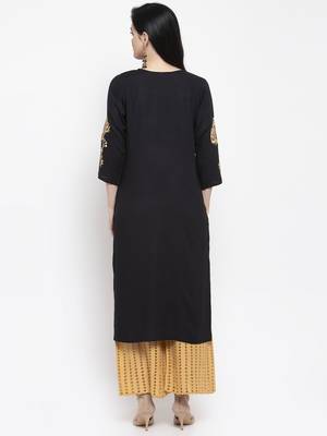 Black embroidered rayon long-kurtis 4