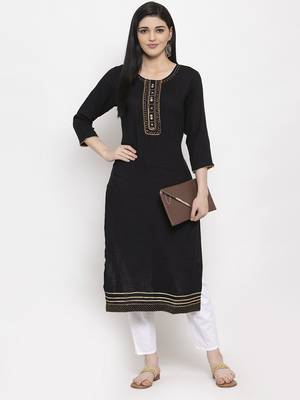 Black plain rayon long-kurtis 2