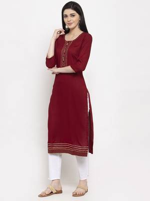 Maroon plain rayon long-kurtis 3