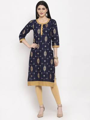 Navy-blue printed rayon long-kurtis 1