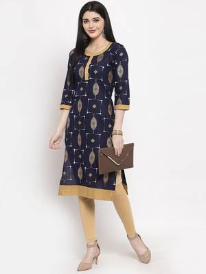 Navy-blue printed rayon long-kurtis 2