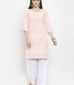 Peach embroidered cotton long-kurtis