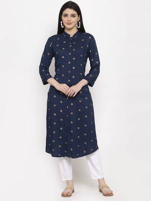 Navy-blue printed rayon long-kurtis 1