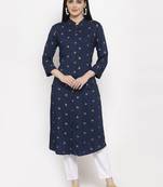 Navy-blue printed rayon long-kurtis