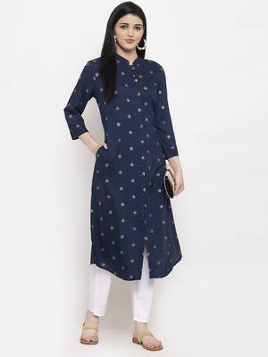 Navy-blue printed rayon long-kurtis 2
