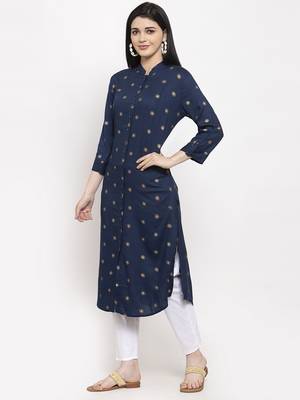 Navy-blue printed rayon long-kurtis 3