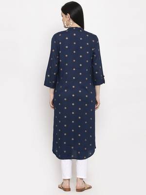 Navy-blue printed rayon long-kurtis 4