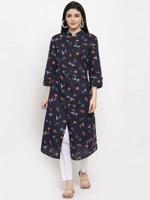Navy-blue printed rayon long-kurtis 1