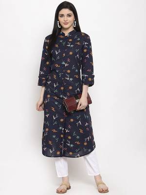 Navy-blue printed rayon long-kurtis 2