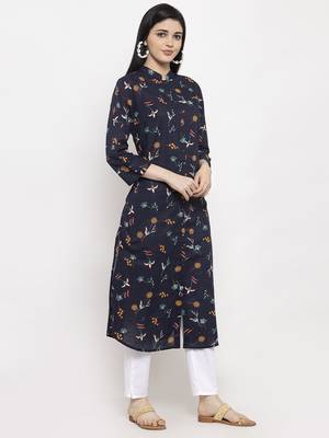 Navy-blue printed rayon long-kurtis 3