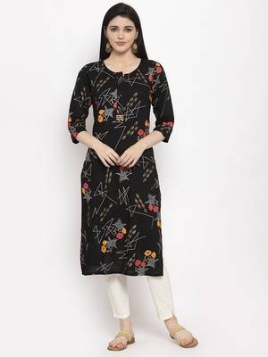 Black printed rayon long-kurtis 1