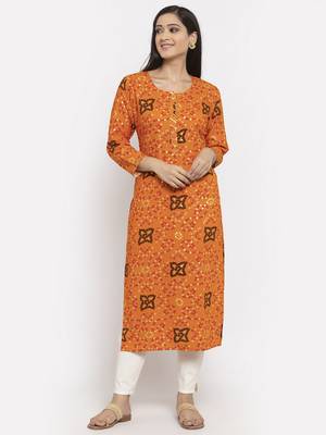 Orange printed rayon long-kurtis 1