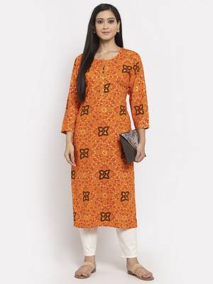 Orange printed rayon long-kurtis 2