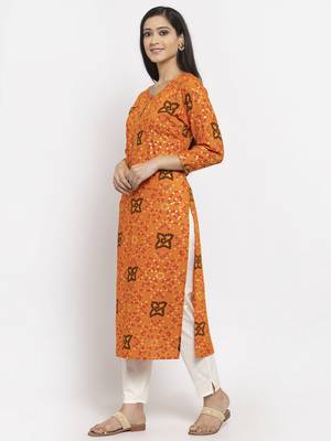 Orange printed rayon long-kurtis 3