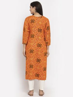 Orange printed rayon long-kurtis 4