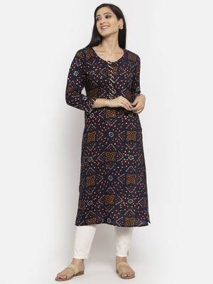 Navy-blue printed rayon long-kurtis 1