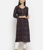 Navy-blue printed rayon long-kurtis
