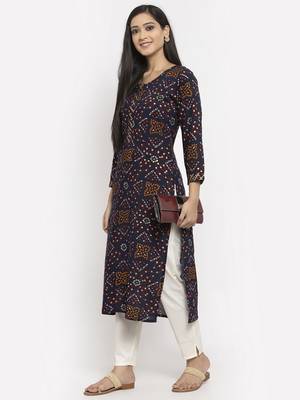 Navy-blue printed rayon long-kurtis 2