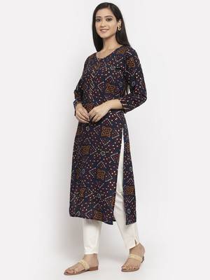Navy-blue printed rayon long-kurtis 3