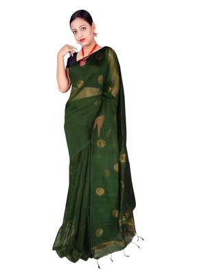 Battle Green Zari Wark Cotton Silk Ball Handloom Saree With B.P 1