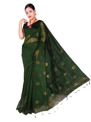 Battle Green Zari Wark Cotton Silk Ball Handloom Saree With B.P 3