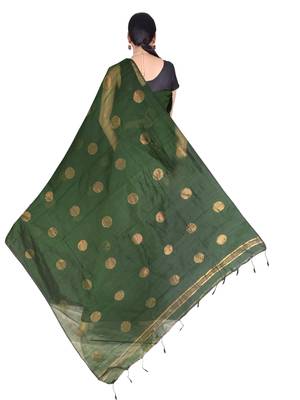 Battle Green Zari Wark Cotton Silk Ball Handloom Saree With B.P 4