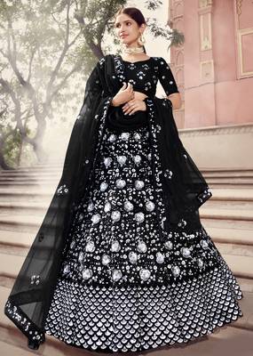 Black embroidered net semi stitched Bridal lehenga 1