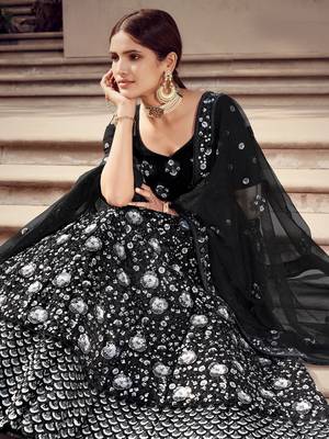 Black embroidered net semi stitched Bridal lehenga 3