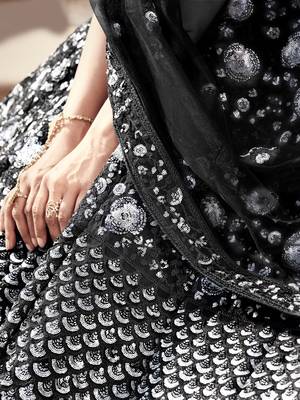 Black embroidered net semi stitched Bridal lehenga 4