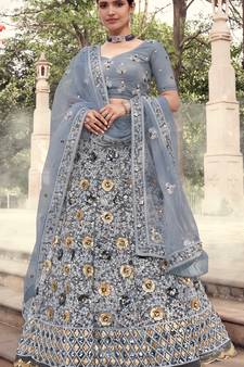 Grey embroidered net semi stitched Bridal lehenga