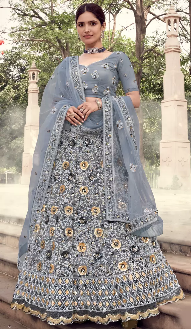 Grey embroidered net semi stitched Bridal lehenga