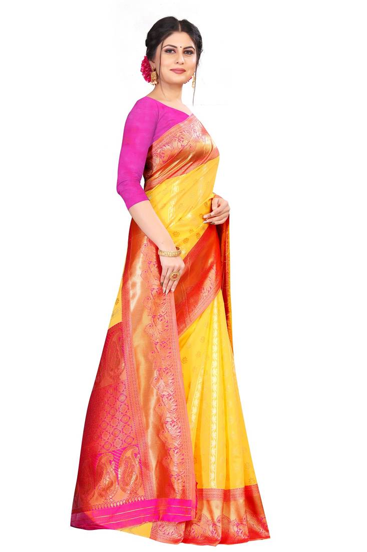Yellow color  Kanchipuram Silk Saree with blouse