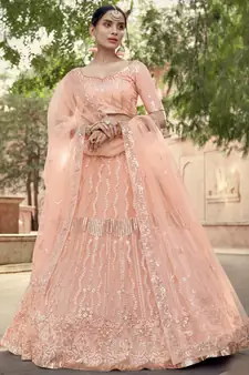 Peach embroidered net semi stitched Bridal lehenga