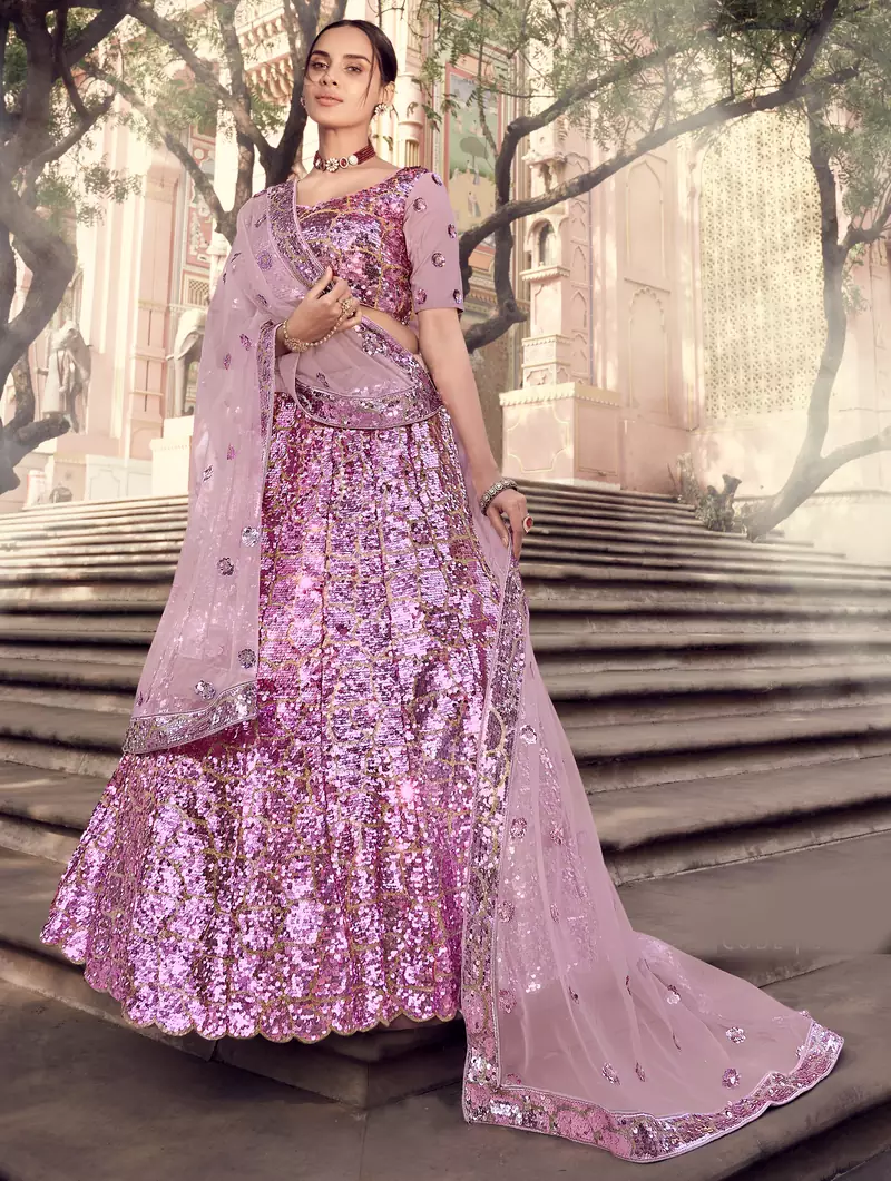 Lilac sequins embroidered net semi stitched Bridal lehenga