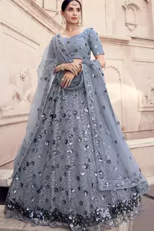 Grey embroidered net semi stitched Bridal lehenga