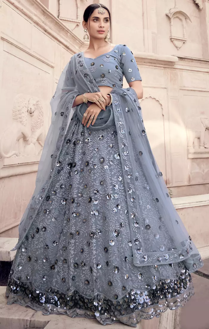 Grey embroidered net semi stitched Bridal lehenga