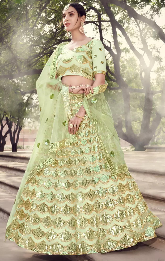 Light-green sequins embroidered net Semi Stitched Bridal Lehenga