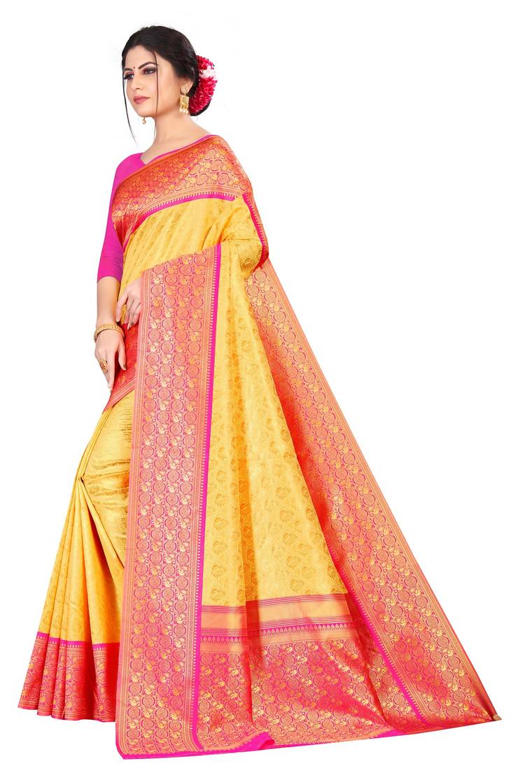  gold Color brocade Silk Saree with blouse