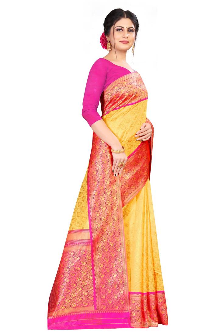  gold Color brocade Silk Saree with blouse