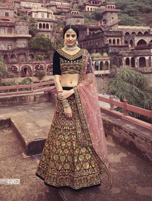 Navy-blue embroidered velvet semi stitched lehenga 1